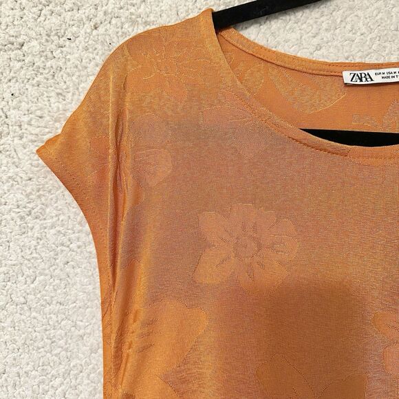 Zara Orange Floral Cap Sleeve Tie‎ Waist Stretch Midi Dress Sz M - Picture 6 of 16